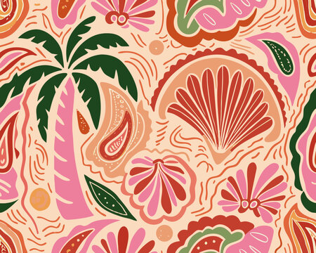 Vibrant tropical floral and paisley seamless pattern in warm retro colors