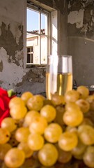 Sunlit grapes and wine glass rest on a table in a dilapidated room, a glimpse of the outdoors visible through a weathered window