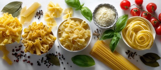 Close-up of vibrant yellow and green herbs and spices arranged on a white