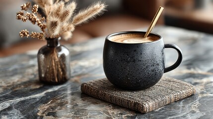 Black tumbler and straw with coaster on marble