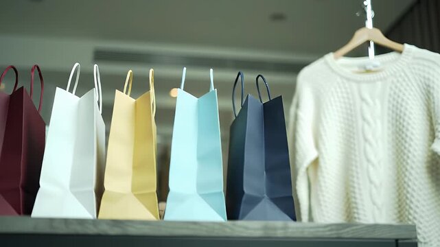 Pastel Shopping Bags Arranged Neatly Next to Cream Sweater on a Hanger with a Blurred Background