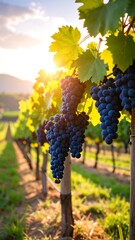 Sunlit vineyard rows with ripe, dark grapes hanging from vines