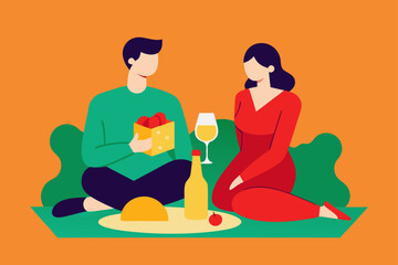 Couple Enjoying Wine and Cheese at Picnic Illustration