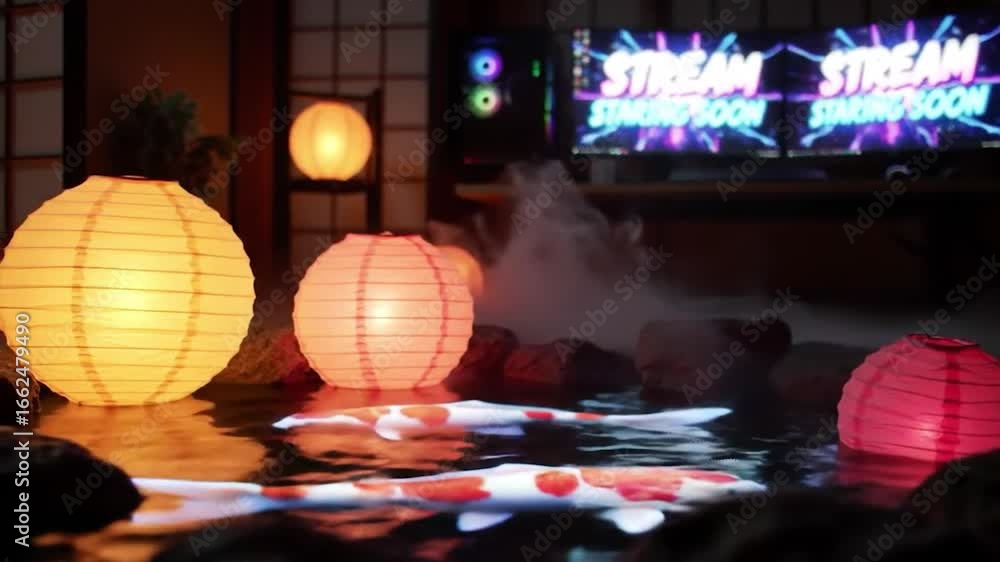 Poster a tranquil scene of a decorative water feature with glowing lanterns, creating a relaxing and inviti