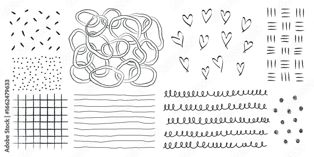 Poster A collection of hand-drawn patterns with lines, hearts, and circles. Patterns include lines, hearts, and circles in various arrangements. Black and white patterns. Doodle patterns, vector set.