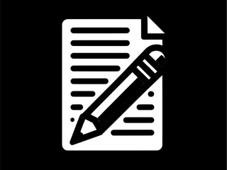 Fototapeta premium A white icon of a pencil writing on a document sheet, representing work.