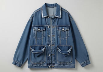Naklejka premium Classic and Versatile Blue Denim Jacket with an Oversized Fit, Featuring Utilitarian Pockets and Durable Fabric, Perfect for Casual Fashion and Layering.