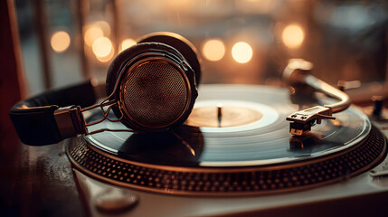 Close-Up of Vintage Headphones on a Turntable with Warm Golden Lighting