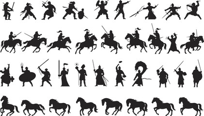 Medieval fantasy silhouette set, warriors, knights, wizards, horses in action poses, vector icons for battle, mythology, storytelling, game design elements
