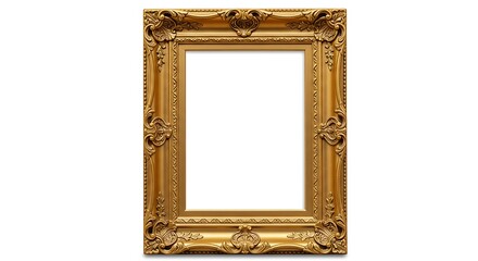 Elegant vintage gold picture frame with ornate baroque carvings and a blank white space in the center, isolated on a white background