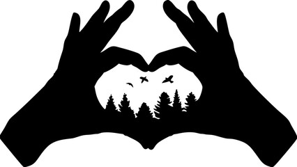 Fototapeta premium Silhouette of hands forming a heart shape with trees and birds inside in black and white design style