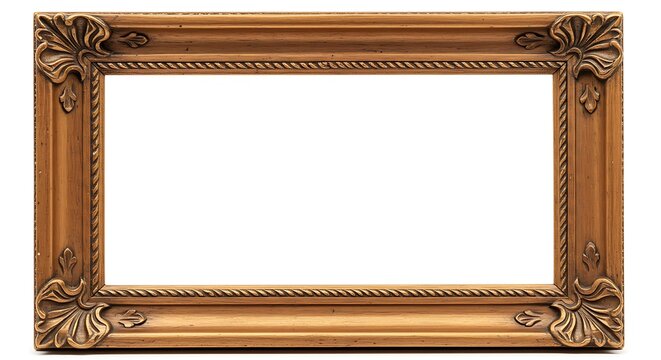 Ornate vintage golden picture frame with decorative floral details, an empty rectangular border for art or photos isolated on white