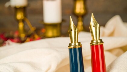 Two fountain pens, blue and red, rest on creamy fabric near candles
