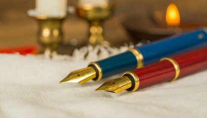 Two fountain pens rest on a creamy surface, candles and candle holders blurred in the background