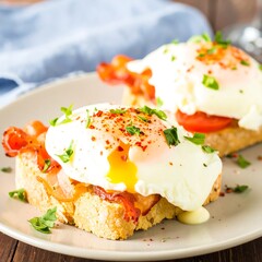 Two fried eggs atop bacon and tomato on toasted bread