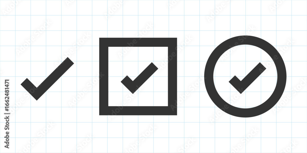 Poster three check marks: a check, a square check, and a circle check, all in black on a grid background. s