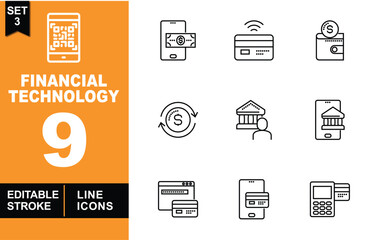 Financial Technology line icon set. Vector pictograms of QRcode, phone, creditcard, wallet, exchange, bank, login, POS. Editable stroke. Vector illustration