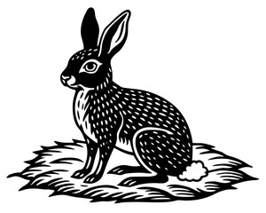Black and white illustration of a rabbit sitting on a bed of grass