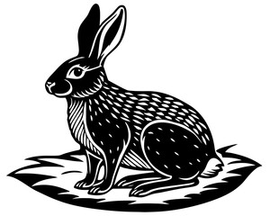 Stylized black and white illustration of a sitting rabbit on a leaf