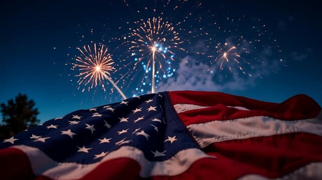 Vibrant fireworks illuminate the night sky above a close-up of the American flag, celebrating national pride.