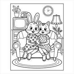 Fototapeta premium Cute Animals Coloring Page. Rabbit and Cat Sitting on Sofa in Living Room Illustration
