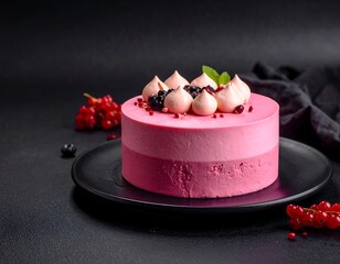 Two-toned berry mousse cake on dark surface