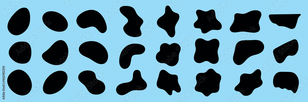 Poster abstract black shapes on a blue background. various shapes, abstract and unique. black shapes contra