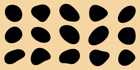 Abstract pattern with black oval shapes on a beige background. The black ovals create a bold contrast. Ovals and beige background form a unique design. Black shape vector set.