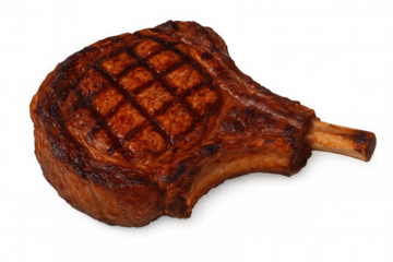 Grilled tomahawk steak, dark-crusted and glistening, presenting premium meat texture against transparent backdrop for professional culinary imagery