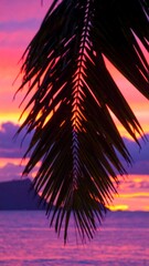 Vibrant sunset hues through palm frond, ocean backdrop