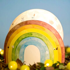 Watercolor rainbow arch illuminated; whimsical animals adorn it, nestled among autumn leaves and fairy lights