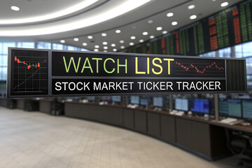 A watch list stock market ticker tracker with digital screen , companies  stock shares and values , loss and profit 