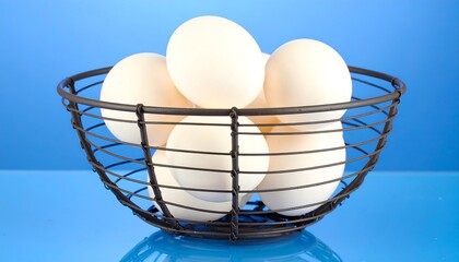 Wire basket of white eggs on a reflective blue surface