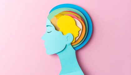 Colorful paper cutouts of heads layered on a head