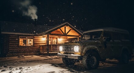 Idyllic winter evening at a charming log cabin, snow softly falling around a classic off-road vehicle, creating a serene and inviting mountain escape.