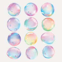 Art & IllustrationColorful soap bubbles with a rainbow effect. These bubbles have a shiny, iridescent look. The soap bubbles are arranged in a grid pattern, creating a playful vibe. Soap bubble elemen