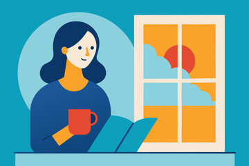 Fototapeta premium Young Woman Reading Book by Sunny Window with Coffee
