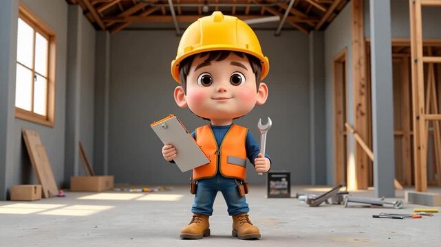 Smiling cartoon construction worker holding clipboard and wrench, ready for building project completion.