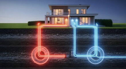 Geothermal heating and cooling system for a modern house with underground pipes.