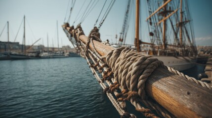 Obraz premium Detailed view of the bowsprit of a classic sailing ship in the harbor