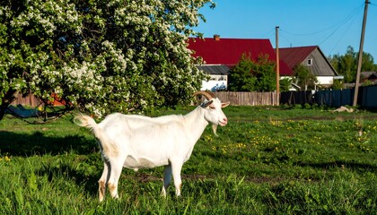 Fototapeta premium White goat in a grassy field near a flowering tree and small buildings