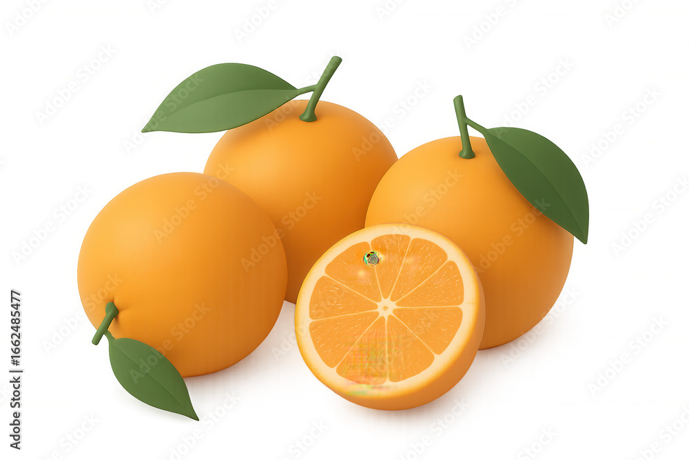 Poster 3d rendering of whole oranges with leaves and half an orange, isolated on transparent background, cr
