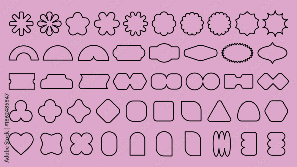Aufkleber vector elements. a collection of 40 unique geometric shapes on a pink background. shapes include sta
