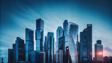 Futuristic global city skyline with tall skyscrapers and dramatic atmosphere, concept of financial district, urban development, global economy, modern business hub and innovative architecture