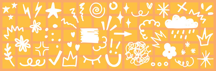 Playful doodles on an orange background. Doodles include stars, arrows, clouds, and flowers. Whimsical doodles create a fun, artistic vibe. White doodle elements, vector set.