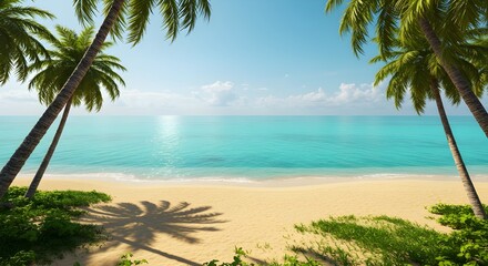 Obraz premium Tropical beach with palm trees, turquoise water, golden sand, and clear sky in bright sunlight.