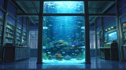 ゲーム背景　水中を研究するための博物館研究室ホール