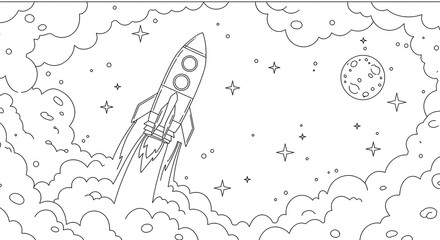 Black and White Rocket Ship Soaring Through Space with Stars and Moon
