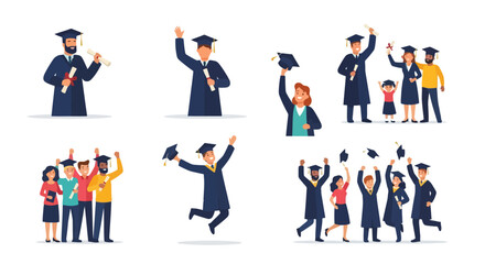 Diverse Graduates Celebrating Academic Achievements with Joyful Poses, Ideal for Educational Materials, Commencement Announcements, and University Promotion Campaigns