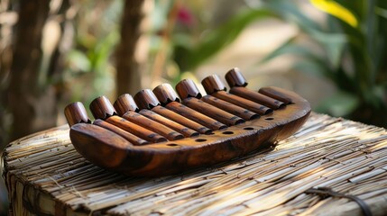A wooden xylophone with 12 keys, placed on a woven mat with a natural background.